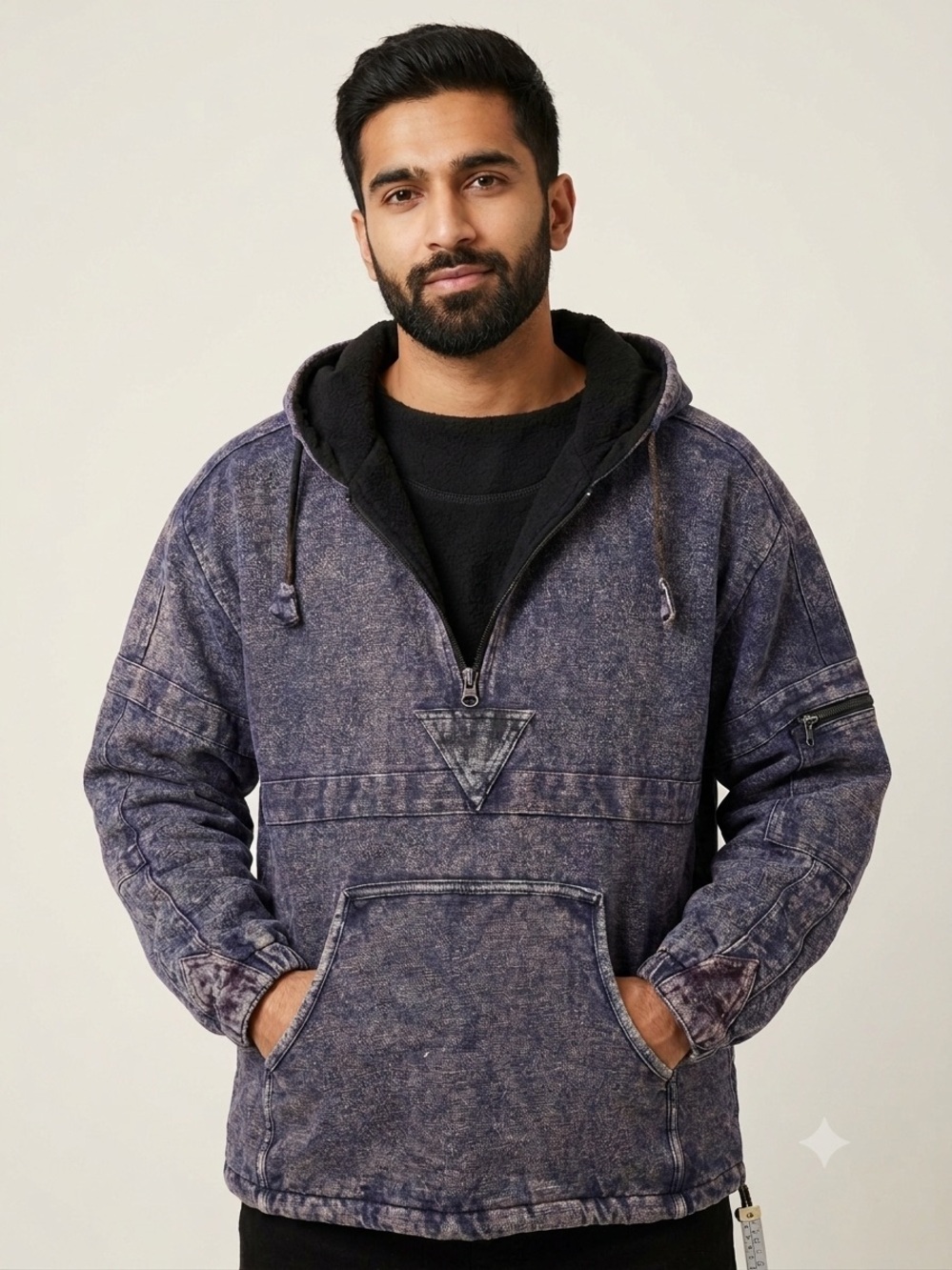 Vintage AMOR London Acid Wash Fleece Lined Anorak Hoodie Size L